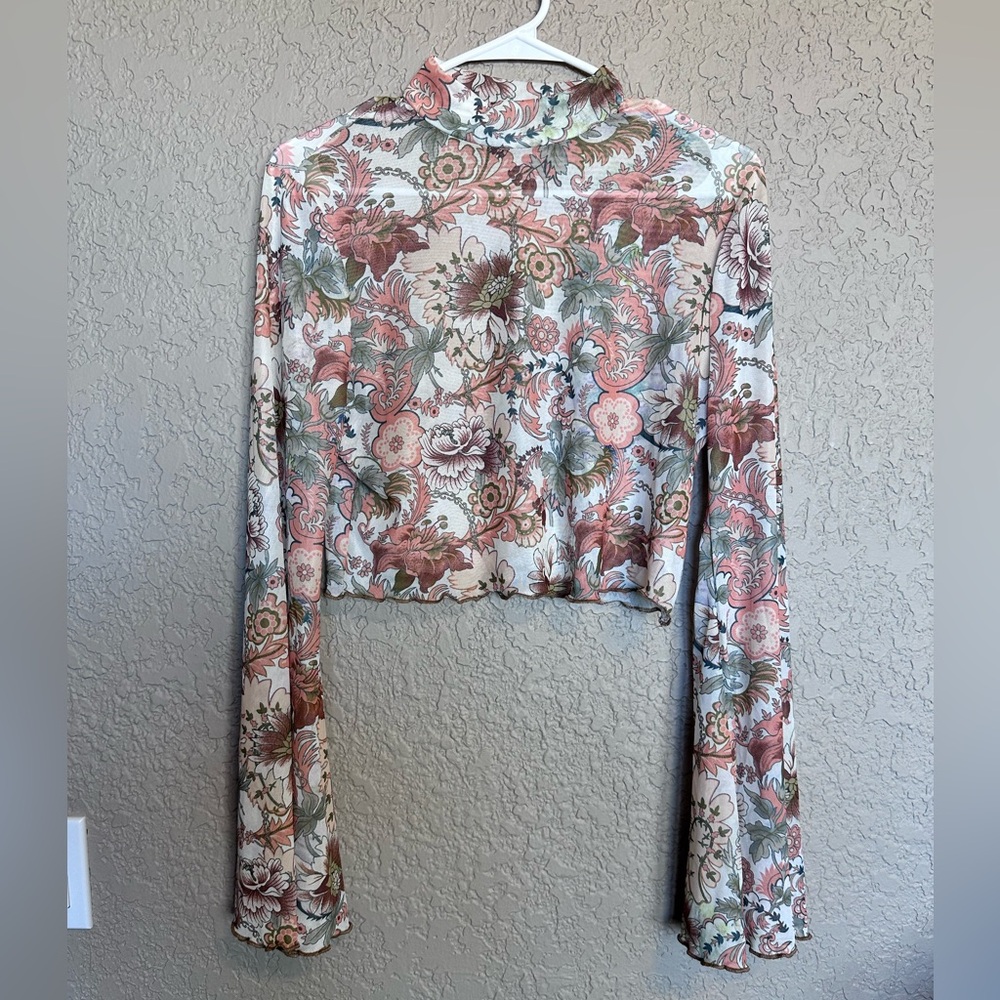 NWOT SHEIN Floral Crop Mesh Long Trumpet Sleeve Top